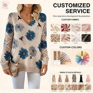 Tendance du moment : Pull ample à col en V et manches longues pour femme, imprimé floral et abeilles, ajouré, style vintage décontracté - Product Image 1