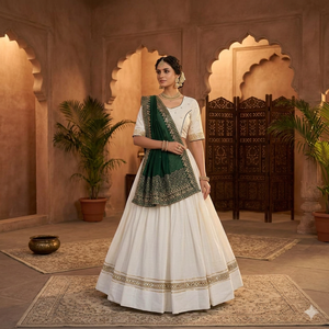Lehenga Choli Traditionnel Blanc pour Femmes avec Ensemble de Dupatta Vert Foncé Fortement Brodé pour Mariages et Festivals Indiens - Product Image 3