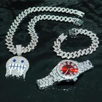 Ensemble de bijoux de haute qualité, collier, bracelet et montre à maillons de 15 mm, plaqué or, alliage de zinc, zircon, style hip-hop, tendance