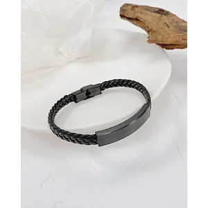 Hot Selling Simple Adjustable Custom Engraved Black Stainless Steel Anchor Braided Pu Leather Woven Bracelet Man