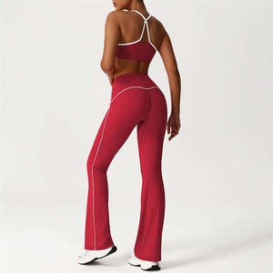 2025 Hot Sale Women's Contrast Color Casual <strong>Sport</strong> Exercise Sets <strong>White</strong> Line Trim <strong>Bra</strong> Flared Pants Gym Yoga 2pieces Fitness Sets - Product Image 5