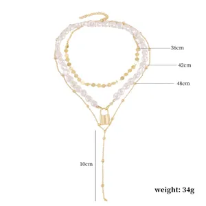 Wholesale Baroque Pearl Lock Pendant Choker Necklace for Women Party Punk Big Long Gold Chain Necklace