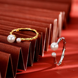 Clásico al por mayor S925 plata chapado en oro anillo de perlas de agua dulce abierto Ajustable doble perla anillo de joyería de moda - Product Image 3