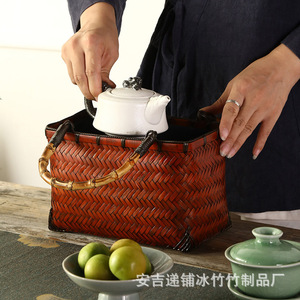 Bamboo Woven Bag Rectangle Handmade <b>Storage</b> <b>Basket</b> For Tea Set Neatening Gift - Product Image 3