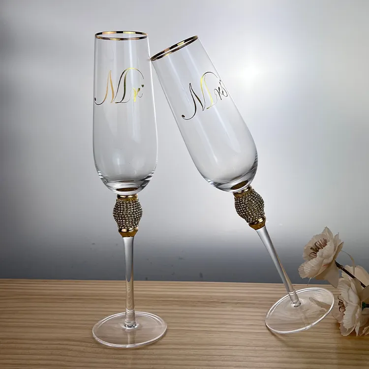 Elegante Champagne Fluiten Lange Steel Bruiloft Gouden Rand Diamant Champagne Glazen Met Aangepaste Geschenkdoos