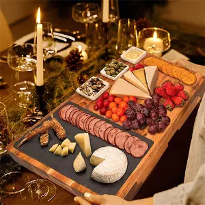 Großes Super Wood Cheese Charc uterie Board und 11 Messerset mit abnehmbarem Schiefer für Picknick und Party