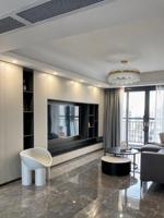 Mueble de TV Moderno con Puertas y Cajones de Vidrio, Estantes Abiertos Blancos sin Tiradores con LED para Sala de Estar