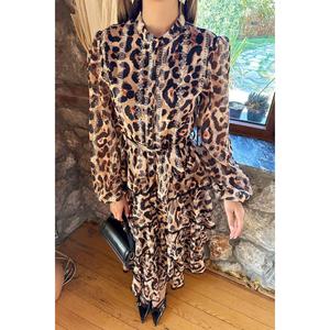 Robe longue à imprimé léopard, à volants, taille empire, col à revers, coupe évasée, en tissu tissé, pour soirée ou décontractée - Product Image 2