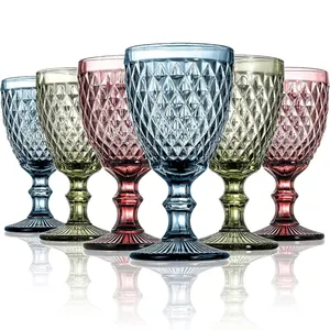 Wholesale Portable Food Grade Colored Party Wine Water Goblets Gift Reusable Embossed Glass Drinking Goblets Vintage Wine Glass