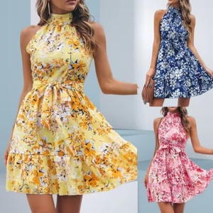 Vestido de Oficina Elegante para Mujer, con Bordado, Cuello en V, Manga Corta, Cintura Imperio, Silueta en A, Estampado Floral, Midi - Product Image 1