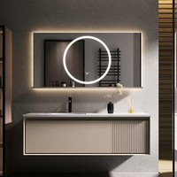 Meuble-lavabo mural de salle de bain de style américain, écologique, avec miroir intelligent, vasque en céramique, en bois d'hévéa, personnalisable