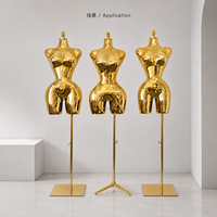 Mannequin demi-corps féminin doré miroir taille L, courbes généreuses, grande poitrine et hanches, avec support, pour présentation en magasin de vêtements