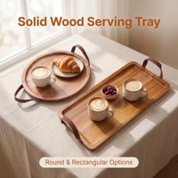 Plateau de service en bois massif avec poignée en cuir, durable, écologique, compatible lave-vaisselle, non toxique, style classique