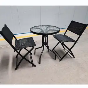 3件阳台小酒馆套装1个圆形玻璃桌和2个用于咖啡馆和餐厅的折叠椅套装