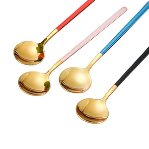 Cuillère en acier inoxydable coréen plaqué or réutilisable 304, pièce avec manche coloré, pour dîner, dessert, thé, café, cuillère à café, cuillère - Product Image 1