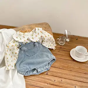 2pcs Private Label Spring Newborn Infant Toddler Clothes Turn-down Collar Cotton Floral Top Overalls Baby Girls Clothing Set