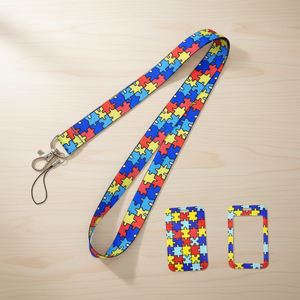 Porte-badge personnalisé avec motif de sensibilisation à l'autisme, cordon tour de cou en polyester motif puzzle, lanières porte-clés - Product Image 1