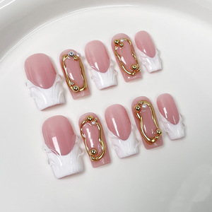 Faux ongles longs carrés rouge vin à motif français en relief, décoration croix <span class=keywords><strong>Vierge</strong></span> Marie, style rétro et luxe léger, pour la Saint-Valentin - Product Image 6