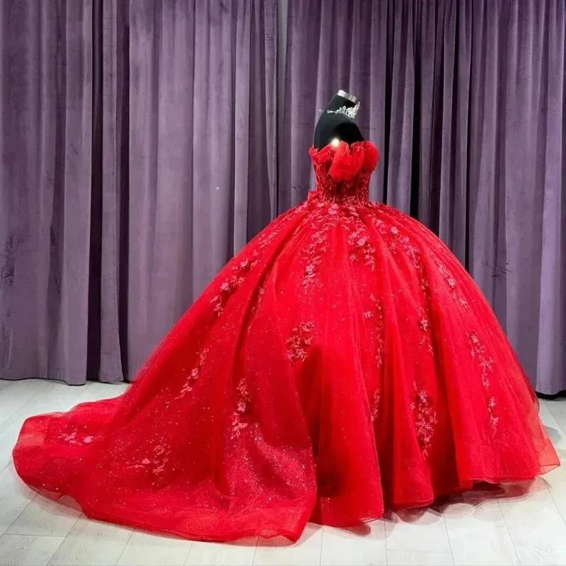 Mumuleo rojo brillante Floral apliques encaje vestido de fiesta Quinceañera vestidos fuera del hombro brillante cristal corsé Vestidos De 15 Anos