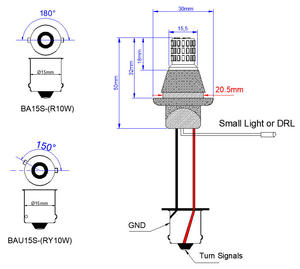 Mini ampoule LED G18 RY10W bicolore blanc ambre avec fil positif pour conversion de feux de jour et clignotants de moto - Product Image 3