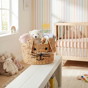 Panier à linge en jacinthe d'eau de haute qualité, en osier, forme d'animal mignon pour chambre d'enfant, organisateur de jouets, couleur naturelle, forme ronde - Product Image 4
