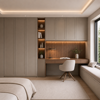 Armoires de bureau avec rangements à cadre taupe, bureau couleur noyer et étagères lumineuses
