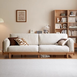 Divano Moderno Japandi in Tessuto a 3 Posti, Divano Cloud con Gambe in <span class=keywords><strong>Legno</strong></span> Massello, Arredamento Imbottito per Soggiorno - Product Image 4