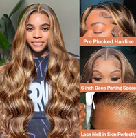 Peluca de Cabello Humano Ondulado con Encaje Frontal Transparente HD 13x6 Pre-Arrancado Marrón 4/27 Sin Pegamento, Cabello Virgen Vietnamita para Mujeres Negras