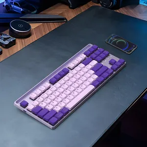 Keyboard Mekanikal ungu, sakelar cokelat Keyboard Gaming gaya TKL 2.4G BT kabel lampu latar 1000Hz casing logam untuk PC