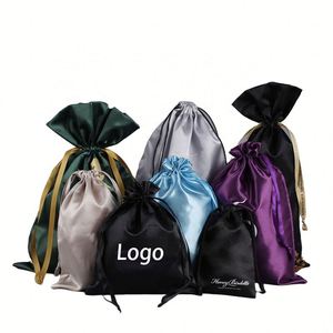 Sacs à cordon en tissu satiné imprimé en usine, sacs à poussière en soie, sacs pour cheveux, pochettes d'emballage pour sous-vêtements avec ruban - Product Image 1