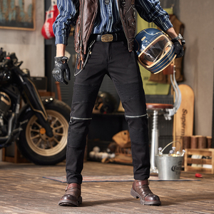 Pantalones de mezclilla ajustados elásticos negros para hombre, estilo motociclista, corte slim, tendencia urbana - Product Image 1