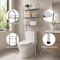 Organisateur de salle de bain sans perçage en acier inoxydable à 3 niveaux, étagère de rangement gain de place au-dessus des toilettes avec crochets latéraux et barre porte-serviettes