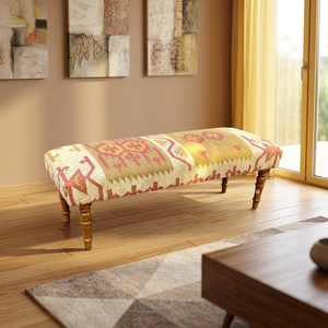 Banc à motif géométrique traditionnel, tissé à la main en laine et jute kilim écologiques, pour entrée, salon ou chambre. - Product Image 1