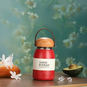 Red Stainless Steel Vacuum Insulated Thermos With Wooden Lid And Handle 304 Material Travel Flask - Product Image 1