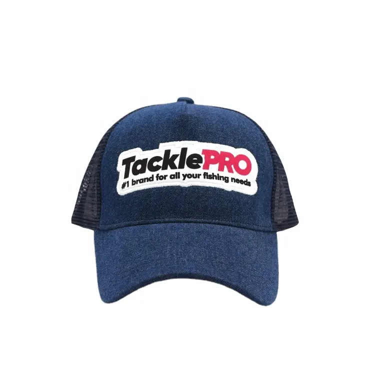 Custom cap high quality 5 panel patch embroidery denim blue navy blue mesh sports trucker hat