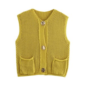 Femmes Crochet gros tricot pull <span class=keywords><strong>gilet</strong></span> décontracté sans manches boutonné <span class=keywords><strong>gilet</strong></span> hauts recadrée Cardigan chandails avec poches taille libre - Product Image 2