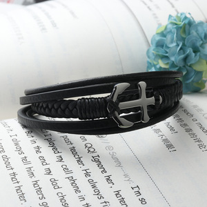 Titanium Steel <b>Leather</b> <b>Bracelet</b> Black Anchor Design Unisex Fashion Cuff Jewelry 1701 - Product Image 2