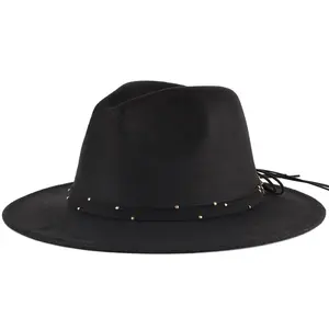 Cappelli fedora in feltro di lana retrò personalizzati corda intrecciata donna cappelli fedora neri panama a tesa larga all'ingrosso