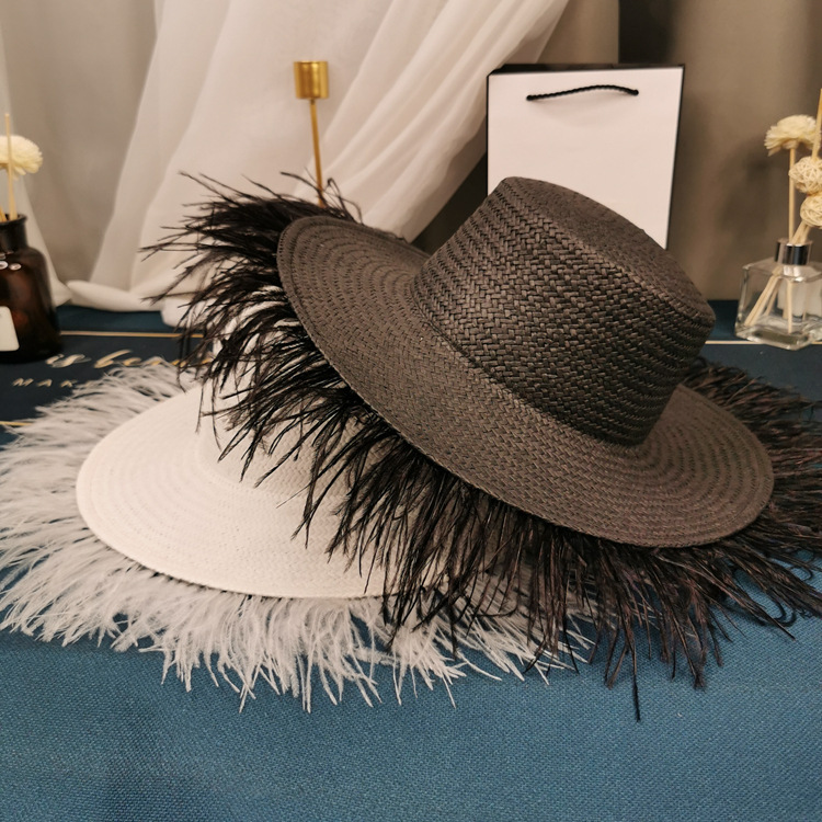 White Black Flat Top Wide Feather Fringe Brim Fedora Jazz Hat display picture 1