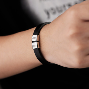 <b>Engravable</b> Men's Square Bead Leather Bracelet | Stainless Steel Simple Fashion Wristband | Father's Day Gift - Product Image 4