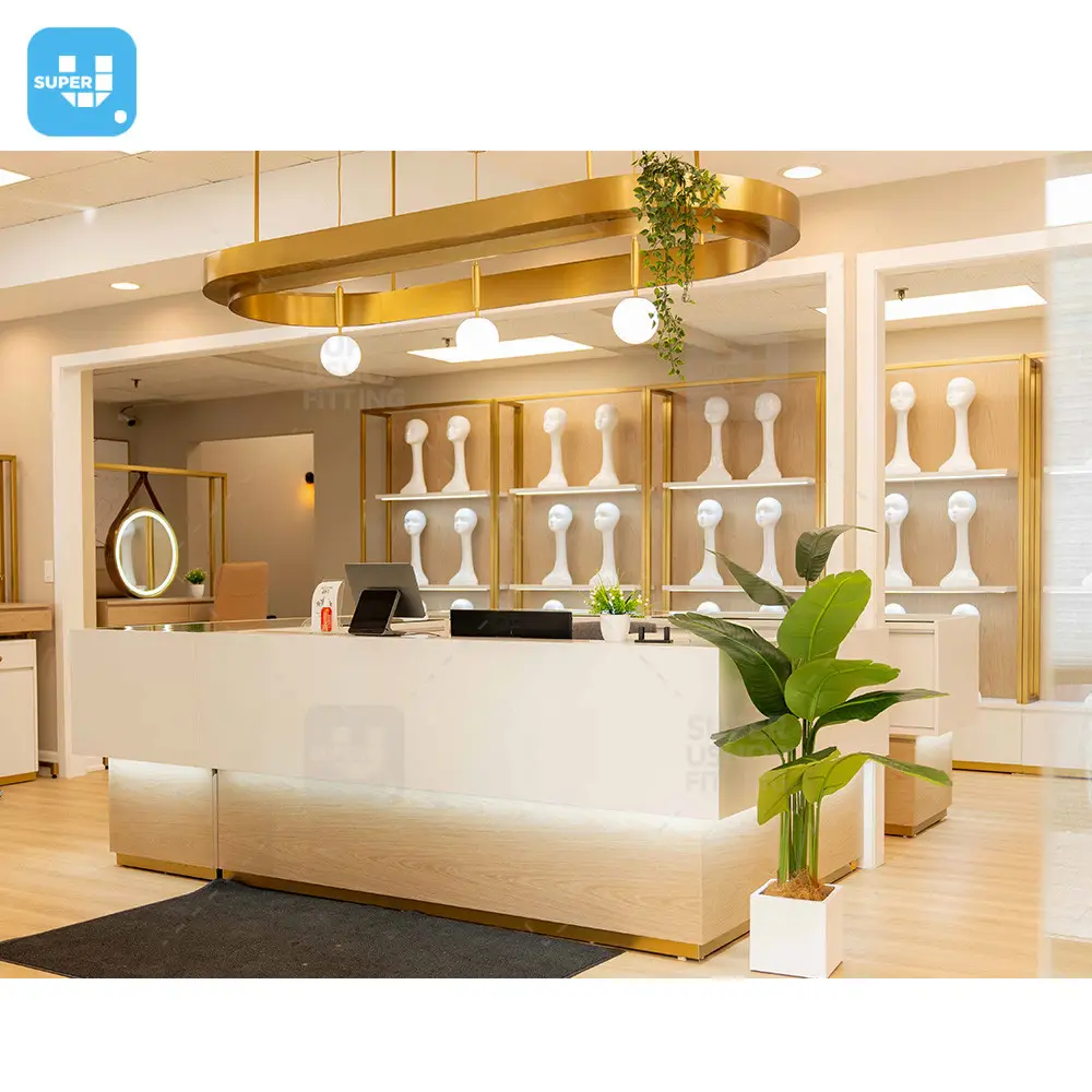 Özel güzellik salonu iç tasarım dekorasyon altın paslanmaz çelik saç ekleme mağaza mobilya ısmarlama peruk dükkanı tasarım