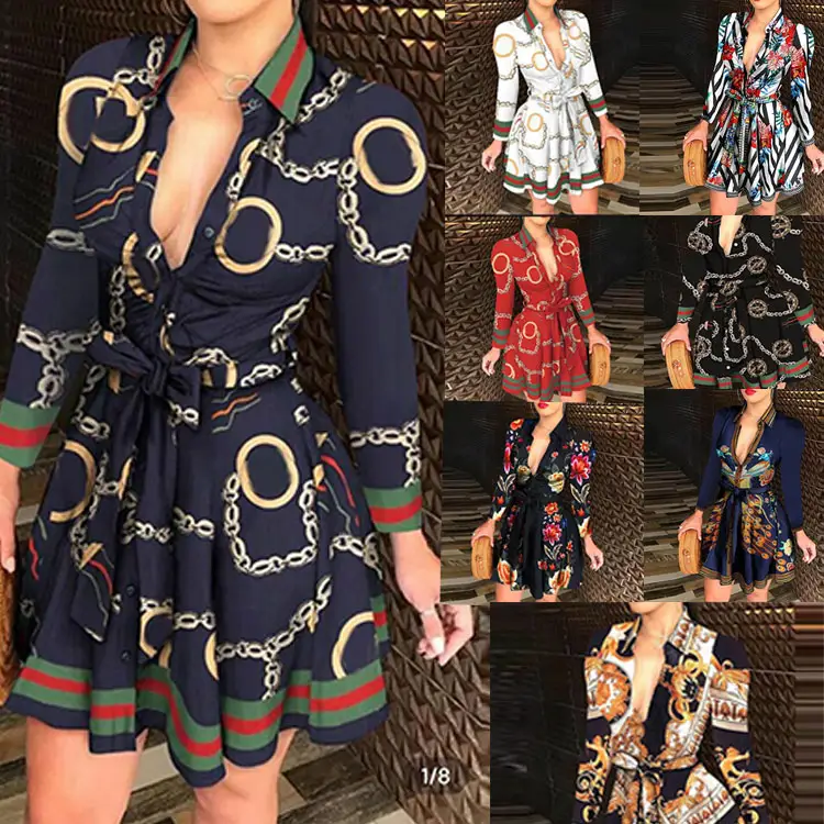 Großhandel 2022 lässige Kleidung modisch bedrucktes Muster-Kleid mit Gürtel Damen Sommer kleidung