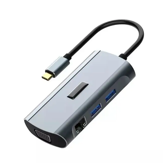 Adaptor 8 Dalam 1 Tipe C, USB-C Hub 4K 30Hz Konverter Kabel Naar Ethernet 3.0 USB C VGA 8 Dalam 1 Hub Pengisian Daya Usb