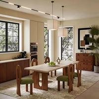 Meubles de salon de luxe, table basse longue en bois de chêne avec plateau en marbre, table à manger moderne en bois et chaises
