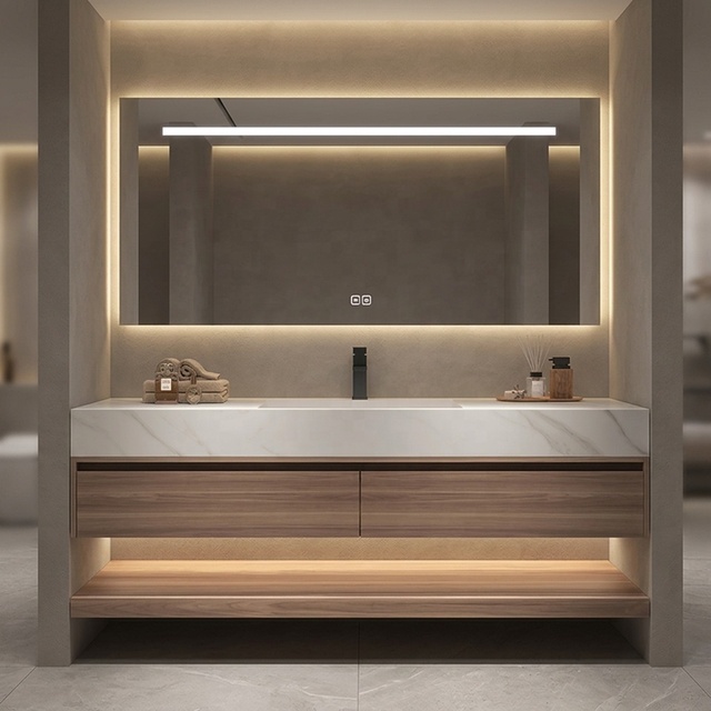 Modern Floating Bathroom Vanity Wall Mounted Wood Grain Cabinet With LED Smart Mirror for Contemporary Home Bathroom Renovation