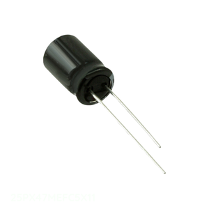 Condensador de canal del fabricante 25PX47MEFC5X11, de aluminio, 47uF 20% 25V, radial TH, de orificio pasante - Product Image 1