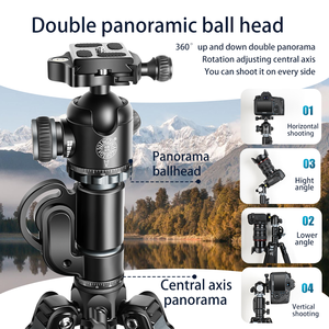 QZSD Q728HL Axe en alliage d'aluminium Trépied de caméra horizontal Prise de vue inverse rapide Transverst Conception pliante Support de tête panoramique - Product Image 5