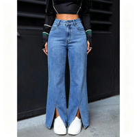 Jean évasé taille haute pour femme, bleu clair délavé, avec fente avant, coupe ample, en denim tendance, vente en gros directe usine OEM ODM