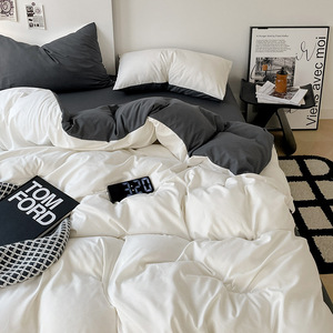 Juego de cama de algodón lavado al por mayor de Color puro, juego de cuatro piezas, Sábana cepillada a cuadros de estilo japonés, funda de edredón de tres piezas - Product Image 5