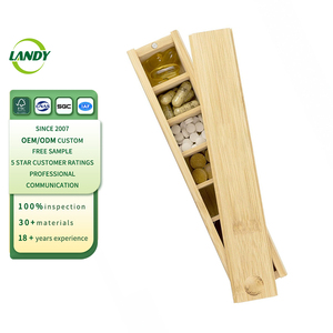 Landy Bamboo Wood Magnetic Weekly Medicine Organizer Portable Pill Box with Engraved Design Rectangle Shape